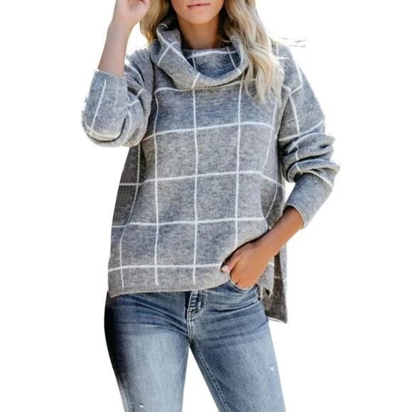 NWT Lumiere Gray & White Windowpane Cowl Neck Sweater S - Picture 1 of 14